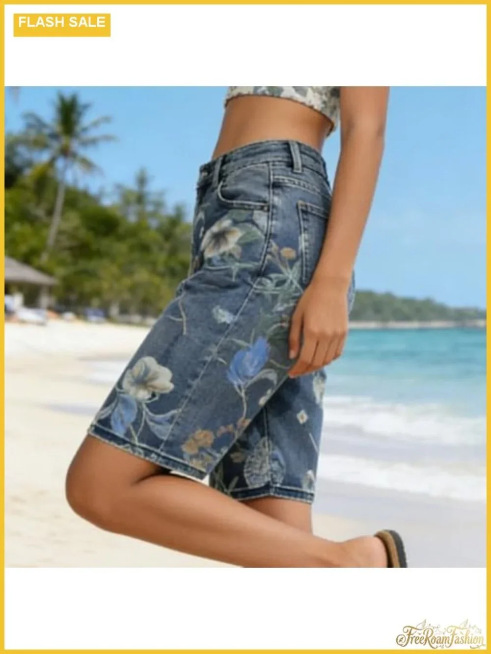 High Waist Floral Embroidered Denim Bermuda Shorts for Women Wide Leg Knee